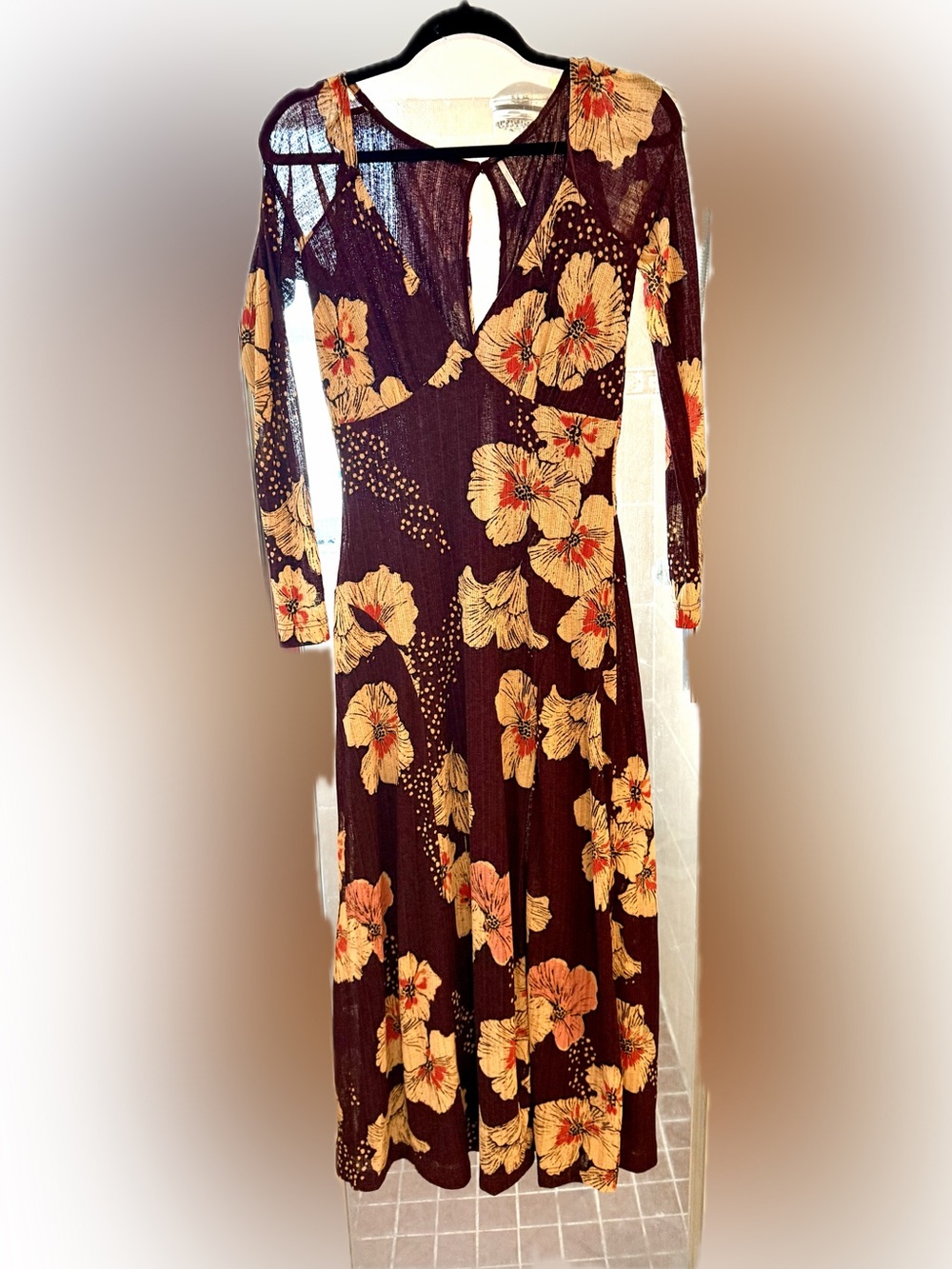 Free People Burgundy Floral Long Sleeve Maxi Dress Boho chic Sz m